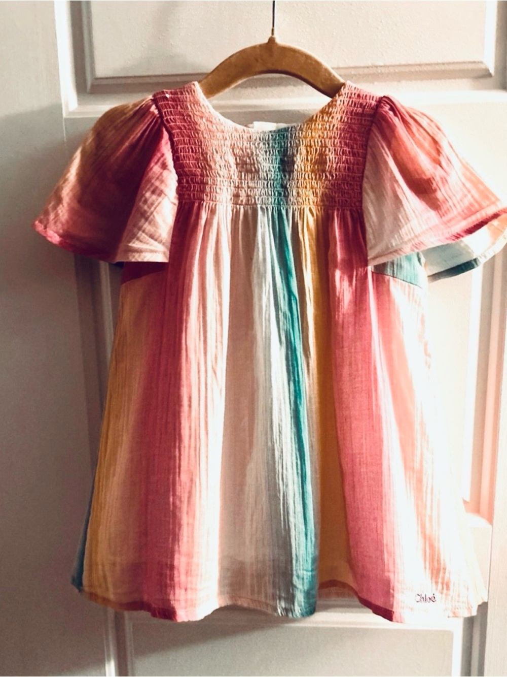 Chloé Baby Girl Smocked Rainbow Stripe Cotton Dress 12M NWOT